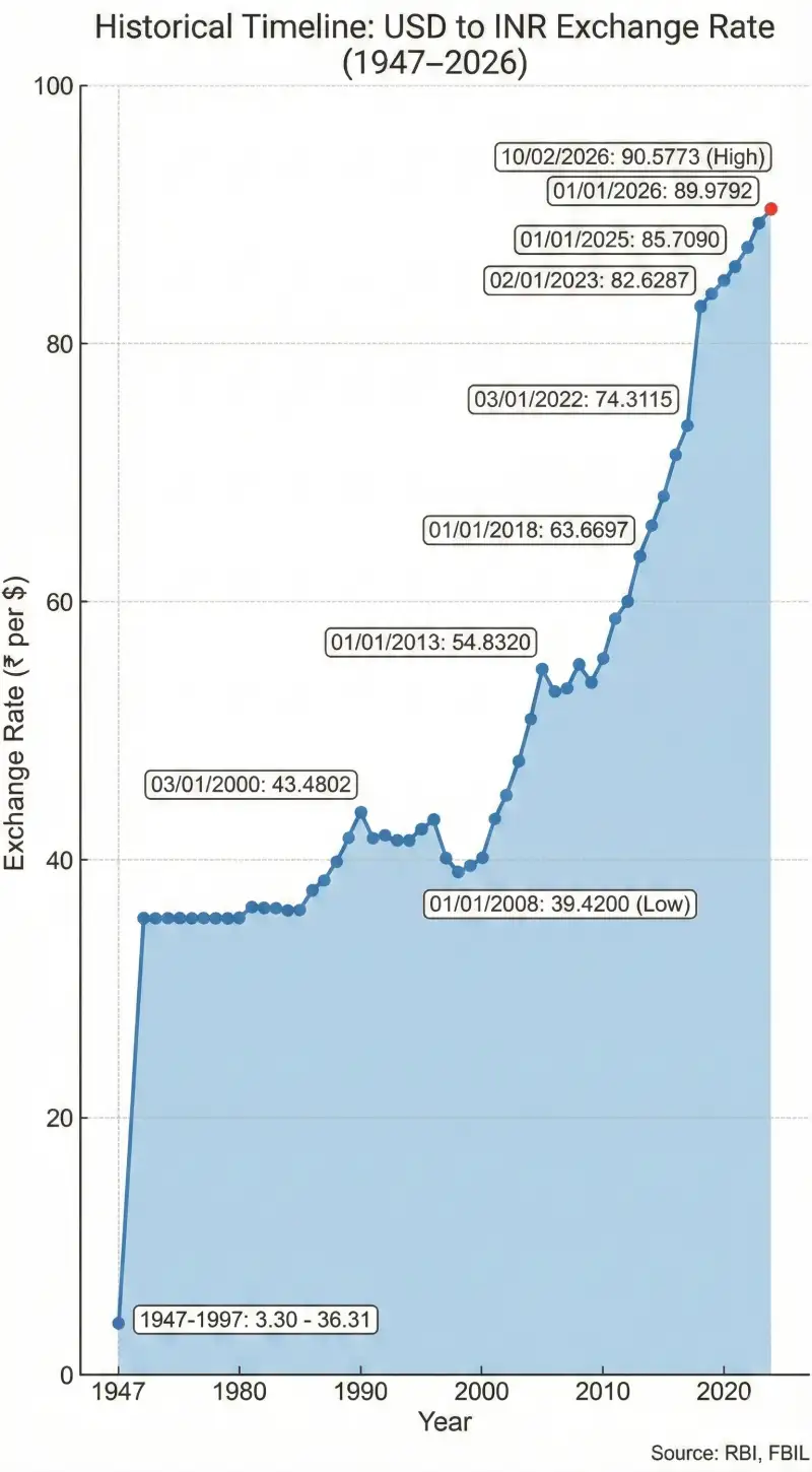 The Rupee’s Journey: A 79-Year Timeline from ₹3 to ₹90 INR vs USD
